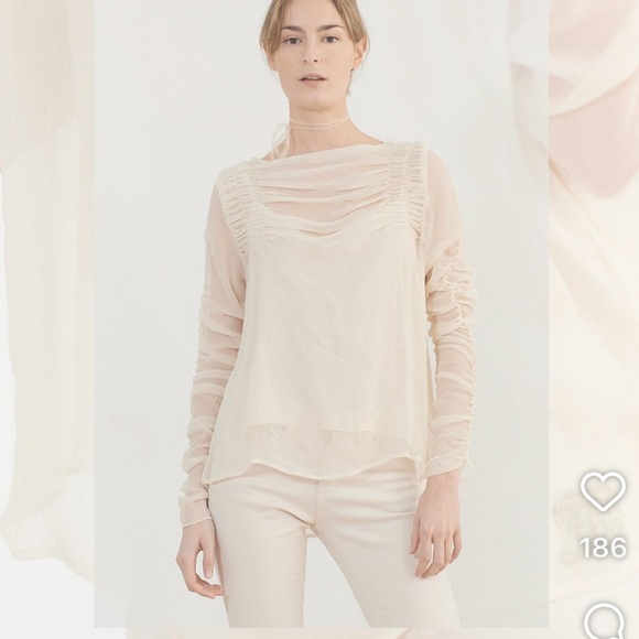 T.ba The Queen Blouse Ivory Ruched Long Sleeve Sz Med - Picture 10 of 12